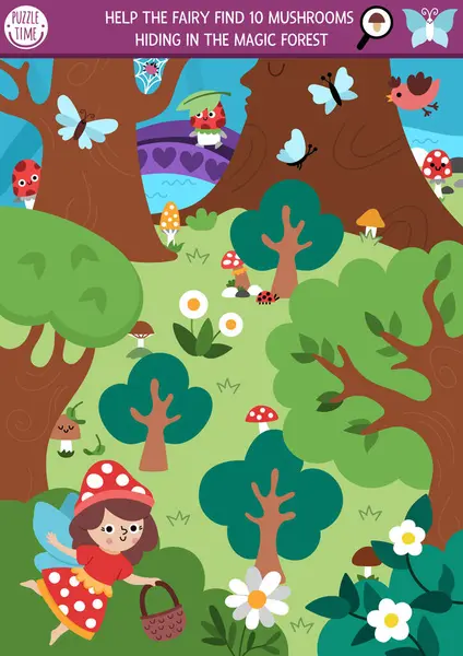Büyülü orman manzarası, peri, sepet ile vektör perisi arama oyunu. Resimde gizli mantarlar var. Basit bir peri masalı çocuk için eğitici yazıcı etkinliği ara ve bul