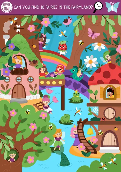 Büyülü orman manzarası, ağaç evleri ve nehir ile vektör periler ülkesi arama oyunu. Resimde saklı periler var. Basit bir peri masalı çocuk için eğitici yazıcı etkinliği ara ve bul