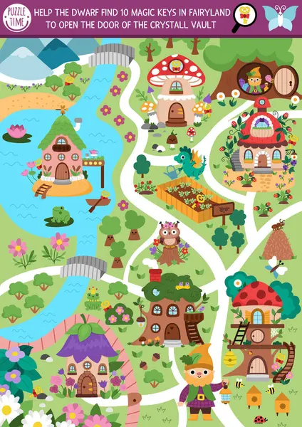 Büyülü orman manzarası haritası, evler, periler ve bahçeyle vektör arayışı oyunu. Resimde gizli sihirli anahtarlar var. Çocuk için basit bir peri masalı ara ve basılabilir bir aktivite bul