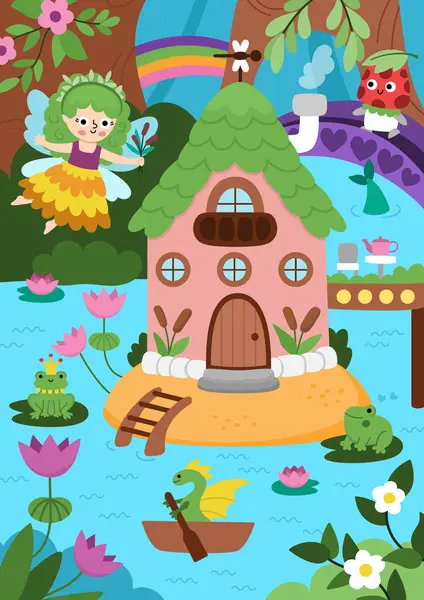 Bataklık perisi evi olan vektör dikey periler diyarı. Sihirli arazi manzarası. Prenses, büyülü orman, nehir, köprü, kurbağa, deniz kızı kuyruğu olan orman manzarası. Fantezi sahne illüstrasyonu