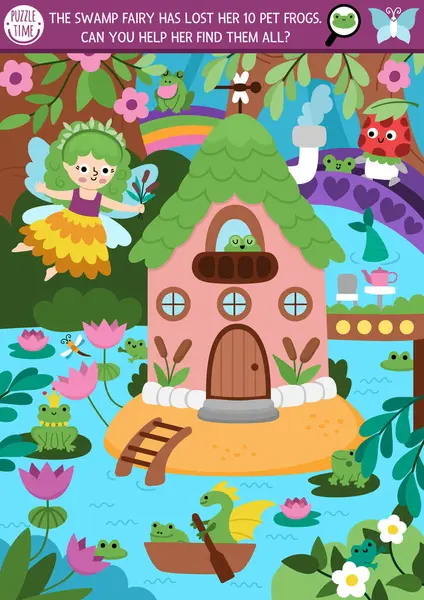 Büyülü orman manzarası, ağaç evi, nehir ve bataklık perisi ile vektör perisi arama oyunu. Resimde gizli kurbağalar var. Basit bir peri masalı çocuk için eğitici yazıcı etkinliği ara ve bul