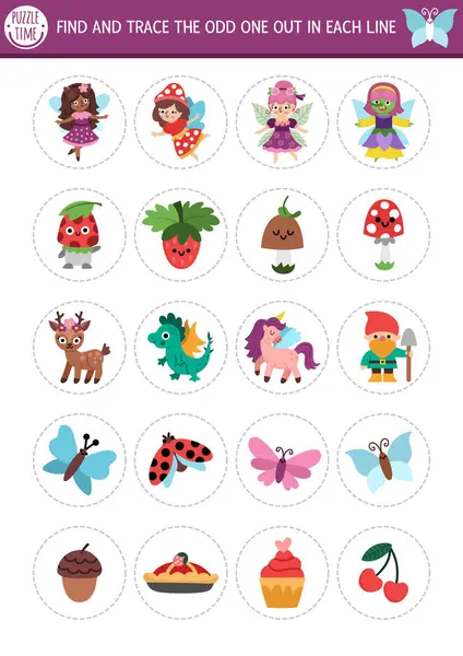 Garip olanı bul. Peri Diyarı çocuklar için mantıksal aktivite. İlgi çekmek için büyülü orman eğitim sınavı çalışma kâğıdı. Tatlı peri, fantezi hayvanları, peri masalı objeleri, kelebeklerle basılabilir oyun