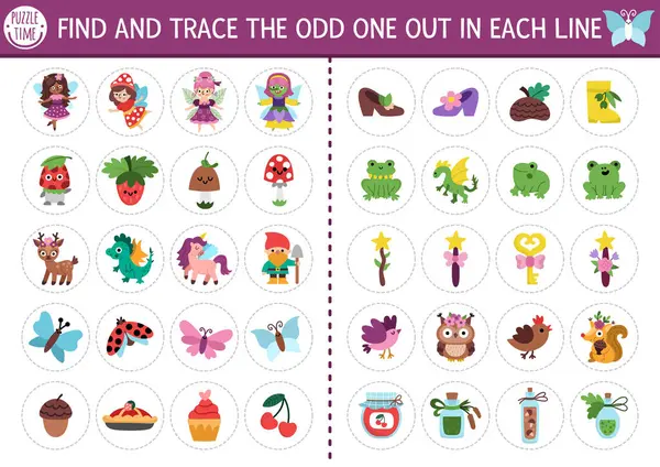 Garip olanı bul. Peri Diyarı çocuklar için mantıksal aktivite. İlgi çekmek için büyülü orman eğitim sınavı çalışma kâğıdı. Tatlı peri özellikleri, fantezi hayvanları, peri masalı nesneleri olan basılabilir bir oyun