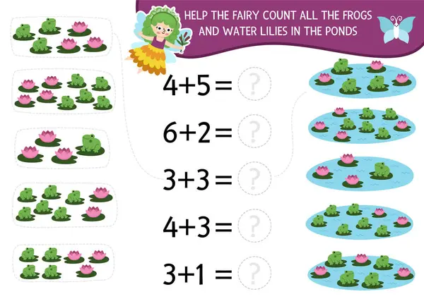 Güzel bir kızla matematik ve sayma oyunu. Göldeki su zambakları ve kurbağaları saymasına yardım et. Peri Diyarı 'na ekleme ve eşleştirme faaliyetleri. Çocuk için fantezi peri masalı basılabilir çalışma tablosu