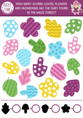 Peri Diyarı sayma ve şekil tanıma oyunu. Anaokulu öğrencileri için matematik ve gölge eşleştirme aktivitesi. Orman perisi, basılabilir çalışma tablosu. Yaprak, meşe palamudu, akarsu ile eğitici bulmaca