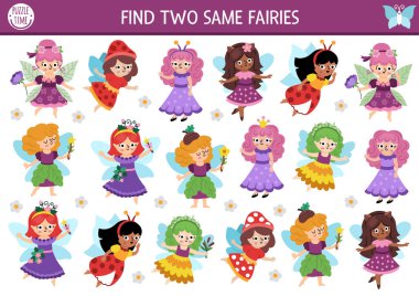 İki tane aynı orman perisini bul. Çocuklar için peri diyarı etkinliği. Sihirli bahçe ya da çocukların dikkat çekme becerileri için ormanın eğitim sınavları. Tatlı bir kızla basit yazdırılabilir oyun