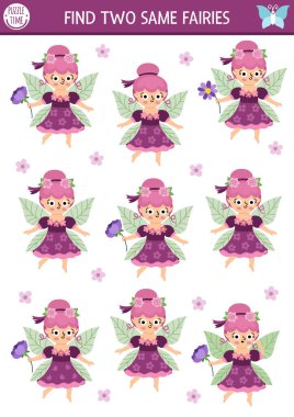 İki tane aynı çiçek perisini bul. Çocuklar için peri diyarı etkinliği. Sihirli bahçe ya da çocukların dikkat çekme becerileri için ormanın eğitim sınavları. Tatlı kızla basit yazdırılabilir oyun