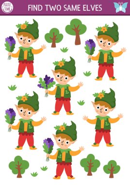 Aynı iki elfi bul. Çocuklar için peri diyarı etkinliği. Sihirli bahçe, orman, sevimli orman çocuğu ya da cücesi olan çocuklar için peri eğitimi sınav kâğıdı. Basit yazdırılabilir gam