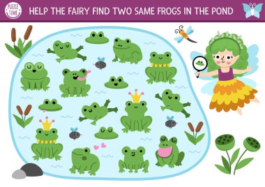 Perinin gölde iki kurbağa bulmasına yardım et. Çocuklar için peri diyarı etkinliği. Sihirli orman, suda sevimli hayvanları olan çocuklar için ormanlık eğitim sınavı. Kurbağa ile yazdırılabilir oyun