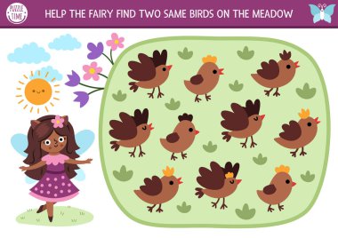 Perinin çayırda aynı iki kuşu bulmasına yardım et. Çocuklar için peri diyarı etkinliği. Sihirli orman, tatlı hayvanları olan çocuklar için ormanlık eğitim sınavı. Yazdırılabilir gam