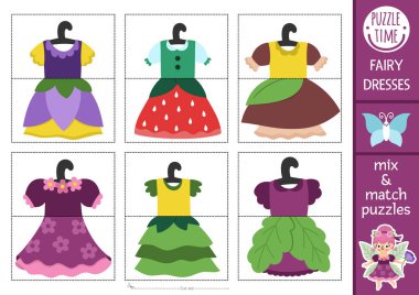 Vektör Peri Diyarı karışımı ve eşleşen yapboz sevimli periler ve elbiseleriyle. Anaokulu öğrencileri için ormanlık peri masalı aktivitesi. Sihirli ya da fantezi kız kostümlü eğitici basılabilir oyun