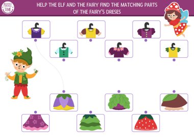 Orman perisi, elf terzisi ve kızlar için giysi aktivitesiyle eşleşiyor. Sihirli orman bulmacası, prenses kostümleriyle oyun. Üstteki ve alttaki kibrit. Peri masalı eşleşmesi