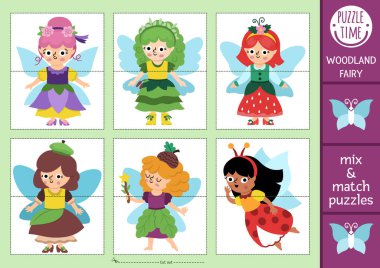 Vektör Peri Diyarı 'nı karıştır ve güzel elbiseli sevimli perilerle eşleştir. Anaokulu öğrencileri için ormanlık peri masalı aktivitesi. Sihirli ya da fantezi kızıyla eğitici basılabilir oyun