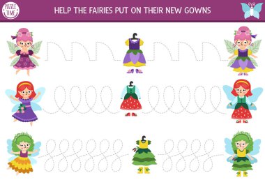 Orman prensesiyle el yazısı alıştırması, elbise. Hoş kızları olan anaokulu çocukları için basılabilir etkinlik. Yazma becerileri için Peri Diyarı izleme oyunu. Perilerin yeni elbiseler giymesine yardım et