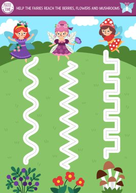 Çayır, çiçek, böğürtlen ve mantar üzerinde orman perileri olan vektör el yazısı çalışma tablosu. Hoş kızları olan anaokulu çocukları için basılabilir etkinlik. Yazma becerisi için Peri Diyarı izleme oyunu