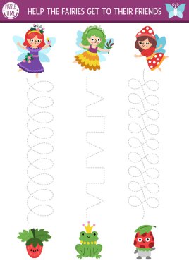 Orman perileri ve arkadaşlarıyla el yazısı alıştırmaları. Hoş kızları olan anaokulu çocukları için basılabilir etkinlik. Böğürtlen, kurbağa ve mantar yazma becerileri için Peri Diyarı izleme oyunu