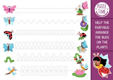 Çiçeklerin ve bitkilerin üzerindeki böcekleri düzenleyen orman perisi ile el yazısı alıştırması. Sevimli böcekleri olan anaokulu çocukları için basılabilir aktivite. Yazma becerisi için Peri Diyarı izleme oyunu