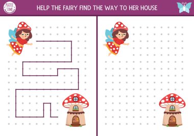 Peri Diyarı çizimi, yazı, iz sürme, mantar perisi evi arayan çocuklar için uzay yönlendirme aktivitesi. Örneklere göre çizgi çiz. Anaokulu ormanlık yazdırılabilir oyun, bulmaca