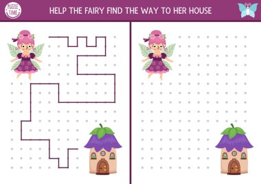 Peri Diyarı çizimi, yazı, iz sürme, çiçek perisi evi arayan çocuklar için uzay oryantasyon aktivitesi. Örneklere göre çizgi çiz. Anaokulu ormanlık yazdırılabilir oyun, bulmaca