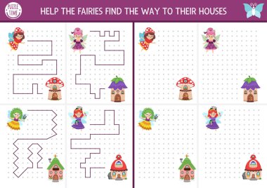 Peri Diyarı çizimi, yazma, iz sürme perili çocukların evleri araması için hazırlanmış uzay yönlendirme aktiviteleri. Örneklere göre çizgi çiz. Okul öncesi ormanlık yazdırılabilir oyun, bulmaca koleksiyonu