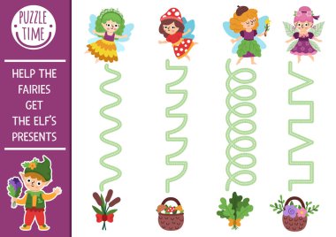 Orman perileri ve elf sunan vektör el yazısı alıştırmaları. Hoş kızları olan anaokulu çocukları için basılabilir etkinlik. Hediye yazma becerileri için Peri Diyarı izleme oyunu