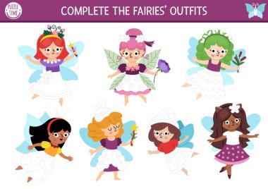 Tatlı orman perileri ve elbiseleri olan çocuklar için çizim, yazı, iz sürme ve boyama aktiviteleri. Fantezi ormanı okul öncesi baskı aktivitesi, oyun, el yazısı alıştırması bulmacası!