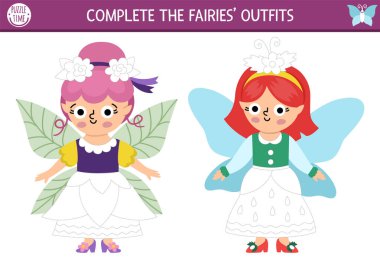 Tatlı orman perileri ve elbiseleri olan çocuklar için çizim, yazı, iz sürme ve boyama aktiviteleri. Fantezi ormanı okul öncesi baskı aktivitesi, oyun, el yazısı alıştırması bulmacası!