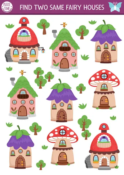İki peri evi bul. Çocuklar için peri diyarı etkinliği. Sihirli bahçe, orman, çiçek, mantar ve meşe palamudu evleri olan çocuklar için peri eğitimi sınav kağıtları. Yazdırılabilir gam