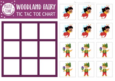 Şirin periler ve elflerle vektör peri diyarı tik parmak çizelgesi. Woodland Prensesi masa oyunu fantezi karakteriyle oynuyor. Yazdırılabilir çalışma kâğıdı. Sihirli orman haritaları ve geçitleri