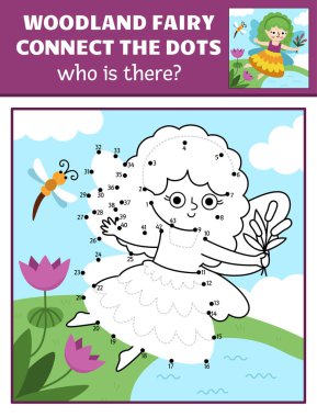 Vektör peri ülkesi nokta nokta ve bataklık havadar, renkli doğa manzaralı renk aktivitesi. Sihirli orman ya da bahçe çocuklar için noktaları birleştirir. Kim tatlı bir kızla birlikte yazılabilir çalışma kağıdını kaybeder ki?