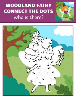 Vektör peri ülkesi nokta nokta ve renk aktivitesi meşe palamudu perisi, renkli doğa sahnesi. Sihirli orman ya da bahçe çocuklar için noktaları birleştirir. Kim tatlı bir kızla birlikte yazılabilir çalışma kağıdını kaybeder ki?