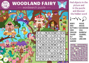 Çocuklar için Vektör Peri Diyarı kelime bulmacası. Çocuklar için sihirli orman manzarası ile ilgili basit bir kelime arama testi. Perilerle, evlerle, ejderhalarla ilgili eğitici aktiviteler. Çapraz kelime ile fantezi orman manzarası