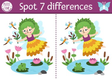 Çocuklar için farklılık oyunu bul. Şirin bataklık perisi ile peri diyarı eğitim aktivitesi. Çocuklar için sihirli orman bulmacası. Peri masalı basılabilir çalışma kâğıdı, mantık sayfası, fantezi kızı ile dikkat.