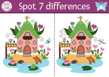 Çocuklar için farklılık oyunu bul. Şirin bataklık perisi evi olan peri ülkesi eğitim aktiviteleri. Çocuklar için sihirli orman bulmacası. Peri masalı basılabilir çalışma kâğıdı, dikkat çekmek için fantezi ev sayfası
