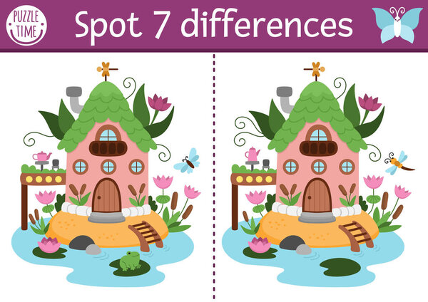 Найти различия игры для детей. Сказочное образовательное мероприятие с симпатичным болотным сказочным домиком. Волшебная лесная головоломка для детей. Сказочный печатный лист, страница для внимания с фэнтези-хомом