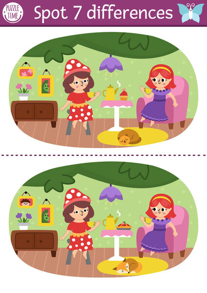 Найти различия игры для детей. Образовательная деятельность Fairyland. Пейзаж с феями пьют чай в уютной комнате в домике на дереве. Волшебная лесная головоломка для детей. Сказочный принтер