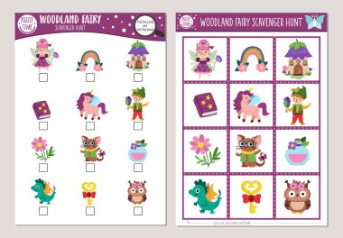 Vektör Peri Diyarı Define Avı kartları hazır. Tatlı peri, tek boynuzlu at, çocuklar için elf ile oyun ara. Sihirli orman arama aktivitesi. Basit peri masalı, eğitici, basılabilir çalışma çantası.