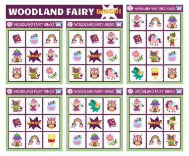 Vektör peri ülkesi tombala kartları hazır. Çocuklar için sevimli perili eğlenceli aile loto masası oyunu. Sihirli orman piyango aktivitesi. Cüce, elf, gökkuşağı, unicor ile basit eğitimsel yazdırılabilir çalışma tablosu