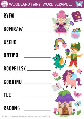 Vektör peri ülkesi kelime karıştırma faaliyet sayfası. Peri, elf, ejderha ve çocuklar için iksir içeren İngilizce bir oyun. Sihirli orman ailesi fantezi yaratıklarla test ediyor. Eğitimsel yazdırılabilir çalışma