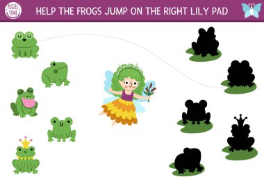 Orman perisi gölgesi küçük kızla eşleşiyor. Su nilüferlerinin üzerinde sevimli kurbağalar olan sihirli orman yapbozu, bataklık prensesi. Doğru siluet yazdırılabilir çalışma tablosu bul, oyun. Ki için masal sayfası