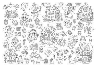 Siyah ve beyaz vektör kümesi ayarlandı. Kanatlı küçük kızların şirin ikonları. Orman prensesi koleksiyonu. Fantezi orman hayvan çizimleri. Sihirli bahçe boyama sayfası Elf, Dwar