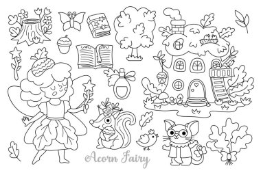 Siyah beyaz meşe palamudu kümesi. Şirin kız çizgisi simgeleri. Orman prensesi koleksiyonu. Fantezi, peri masalı orman çizimleri. Sihirli yaratık boyama sayfası Kelebek, ev, ağaç, heceleme böö