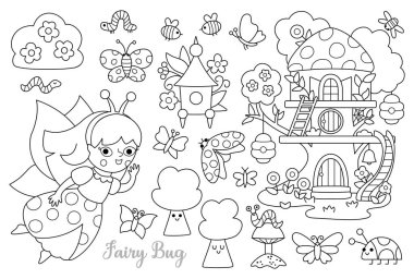 Vektör siyah ve beyaz peri böceği klipsleri ayarlandı. Şirin kız çizgisi ikonu. Orman prensesi koleksiyonu. Fantezi, peri masalı orman çizimleri. Kelebek, uğur böceği ve ağaç kabuğuyla sihirli yaratık boyama sayfası.