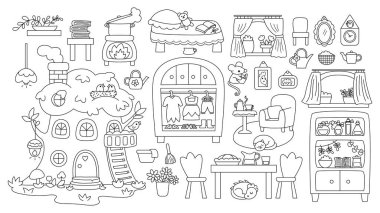 Siyah beyaz meşe palamudu kümesi. Woodland Prensesi ev ikonları koleksiyonu. Fantezi orman kır evi çizgisi çizimi, boyama sayfası. Sihirli masal ağaç evi mobilyası.