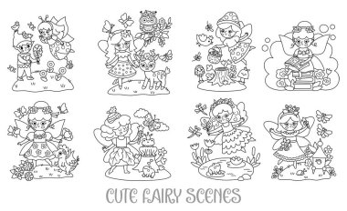 Siyah ve beyaz vektör perisi sahneleri ayarlandı. Küçük kızlarla komik kompozisyonlar. Sihirli prenses, çayır, hayvan, gölet ve mantarlı şirin manzara boyama sayfası. Fantezi sahne illüstrasyonu
