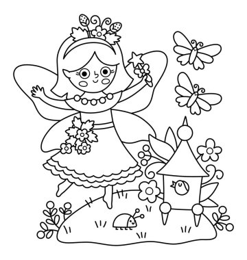 Böğürtlen perili, kelebekli, kuş evli siyah beyaz bir sahne. Kızla çizgi kompozisyonu. Meadow 'lu sihirli prensesle şirin bir manzara. Fantezi peri masalı çizimi, boyama bezi