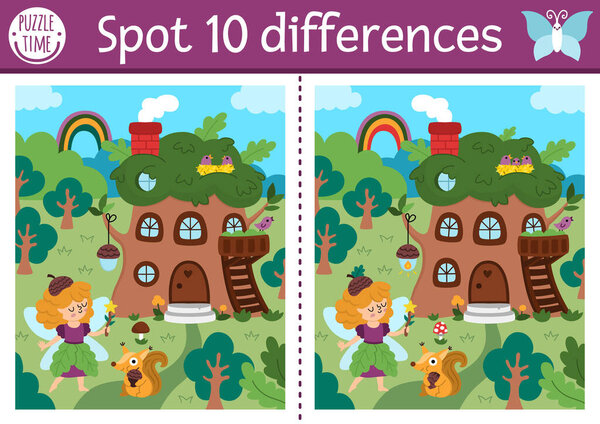 Найти различия игры для детей. Сказочная образовательная деятельность с пейзажем с желудями и домиком для деревьев. Волшебная лесная головоломка для детей. Сказочный печатный лист, страница с фэнтези