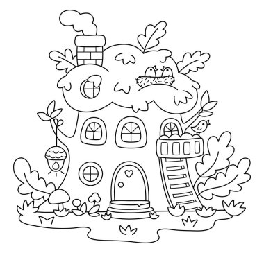 Siyah beyaz meşe palamudu ev çizgisi ikonu. Woodland Prensesi klibi. Fantezi orman evi illüstrasyonu, boyama sayfası. Sihirli peri masalı konutları, ağaç şekilli evler