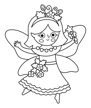 Vector siyah ve beyaz dut perisi ikonu. Kanatları olan sevimli küçük kız. Orman prensesi hattı klibi. Fantezi ormanı illüstrasyonu, boyama sayfası. Çilek desenli büyülü yaratık