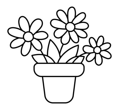 Vektör siyah-beyaz karikatür çiçek saksısı klipsi. Bahçe ya da ev dekoratif bitki çizgisi simgesi beyaz arka planda izole edilmiş. Orman doğası çiçek açan ev bitkisi illüstrasyonu, boya bezi